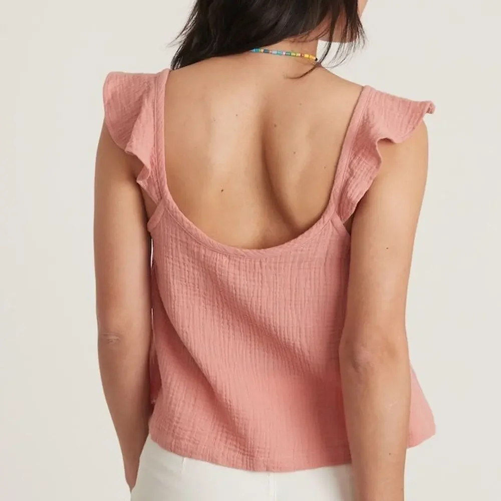 Marine Layer Jude Tank Top Flutter Sleeve Crinkled Cotton Rosette Pink NWT XL - Picture 2 of 8